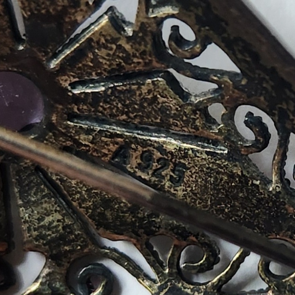 Sterling Silver Vintage Marcasite & Amethyst Gem Art-Deco-Style Pin Brooch - Picture 7 of 9